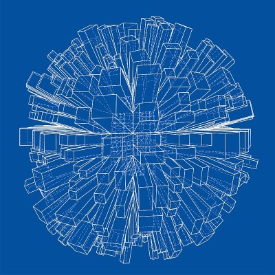 抽象3d球体与城市，蓝图风格