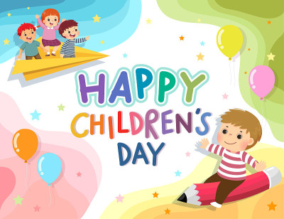 快乐的Childrenâ日向量背景与快乐的孩子们在铅笔和纸上的飞机。