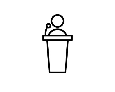 扁平风格的公共演讲图标。讲台会议矢量插图在白色孤立的背景。论坛辩论经营理念。