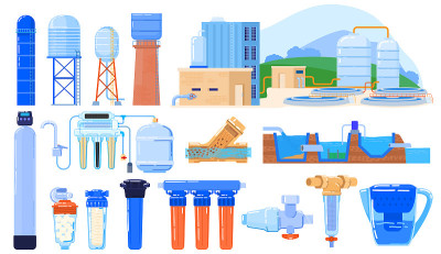 水过滤行业设隔离白、净化系统工程、矢量插图