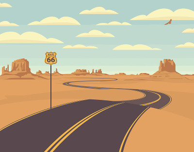 美国66号公路，西侧有景观路牌