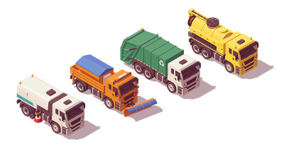 等距市政公用卡车组。街道清扫车、扫雪车、垃圾车、下水道污水清理车。矢量图