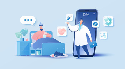 远程医疗的概念。患者通过智能手机app使用在线技术就诊。