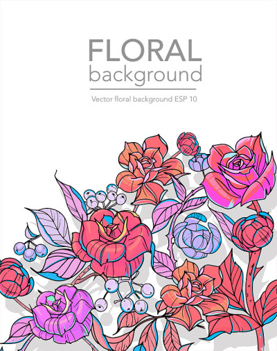 花的背景与花玫瑰和树枝，矢量插图。