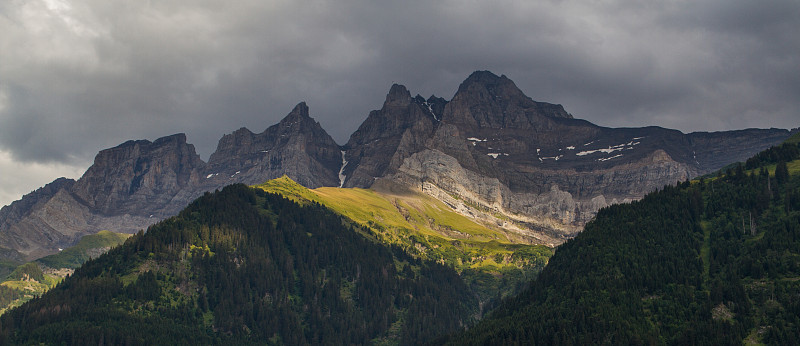 山地凹痕杜米迪，Champéry，瑞士(全景)