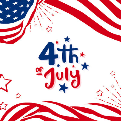 美国独立日，快乐的7月4日流行的手写定制设计与美国挥舞的旗帜和烟花爆炸的背景