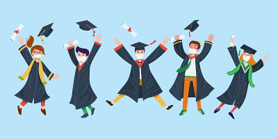平面设计，大学生戴口罩庆祝毕业。向量