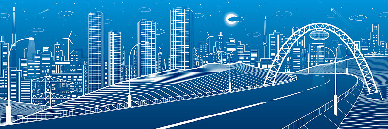 桥下的公路。现代夜城，霓虹灯城。基础设施概述插图，城市场景。蓝底白线。矢量设计艺术