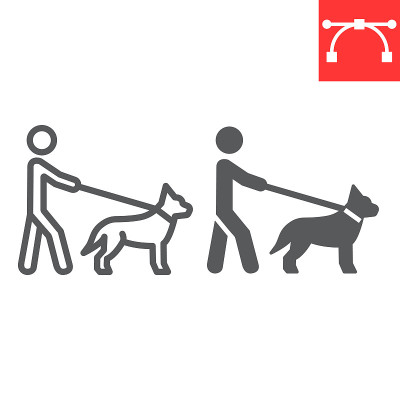 盲人与导盲犬线和字形图标，残疾和宠物，盲人与导盲犬符号矢量图形，可编辑的笔触线性图标，eps 10。
