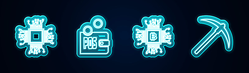 设置线处理器，权益证明，CPU矿场和鹤嘴锄。发光的霓虹灯图标。向量