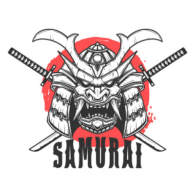 Samurai helmet with crossed swords. Design element