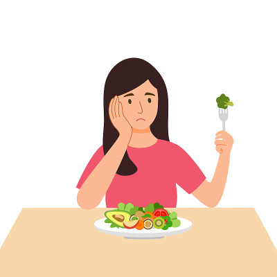 女人感觉不饿概念矢量插图在白色背景。女性不能吃。