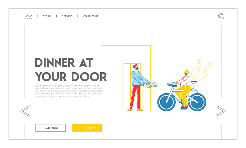 冠状病毒和检疫安全食品配送登陆页面模板。女快递员骑着自行车将餐厅和杂货店的产品带给顾客。线性人物矢量