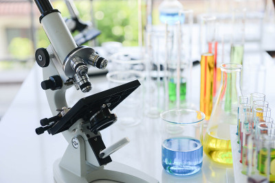 Close up of Micro scope, glass laboratory chemical