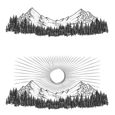手绘矢量插图的山与针叶林在他们和太阳