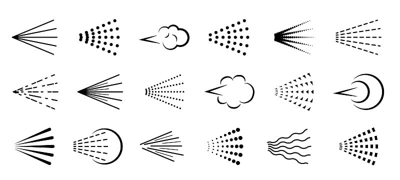 喷雾图标。分散气体黑色剪影，喷嘴雾化器云。清水符号滴、发胶、涂鸦或除臭气溶胶雾霾，喷雾器蒸汽矢量线隔