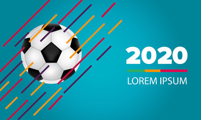 2020年足球比赛。蓝色背景上有旗帜和球的旗帜。