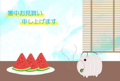 这是一张炎热的夏日贺卡的插图，上面有西瓜、竹屏风和猪蚊子圈。