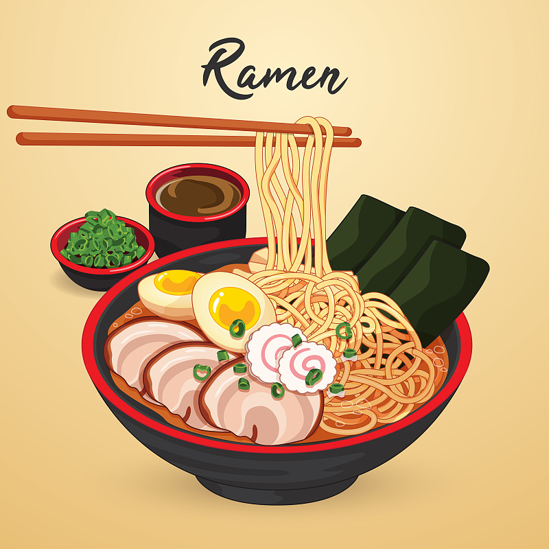 日式拉面食谱插画矢量。