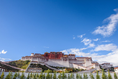 从布达拉宫广场观看布达拉宫的历史建筑群，拉萨，中国西藏，布达拉宫现在是一个博物馆和世界遗产。
