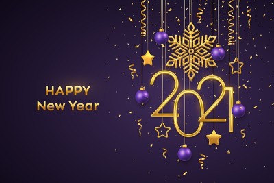 2021年新年快乐。金色金属数字2021，紫色背景上闪耀着雪花、3D金属星星、球和五彩纸屑。新年贺卡