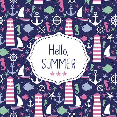 可爱的向量卡Hello Summer。海军矢量无缝海图
