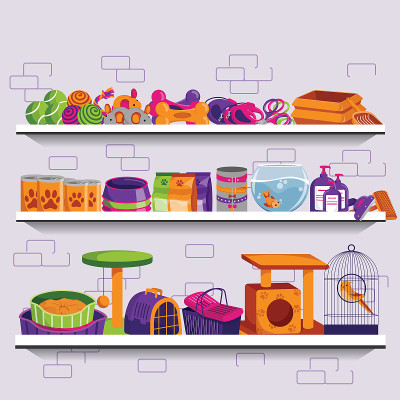 宠物商店矢量插图。市场货架上有食物、用品、配件和猫狗玩具