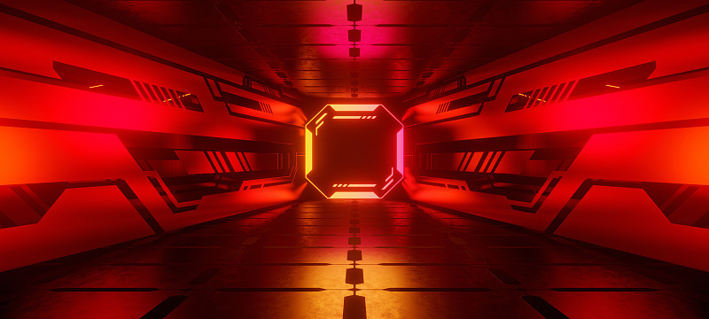 未来暗红色技术室与光和反射背景3D渲染