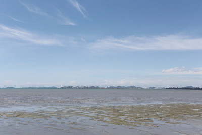 海岸和干水在阳光下的蓝天背景。