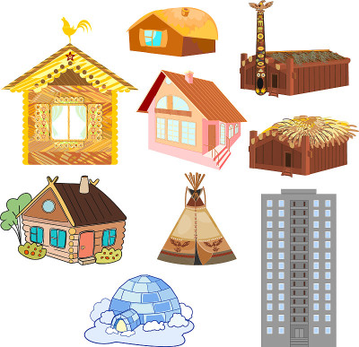 一组不同的建筑和传统住宅孤立在白色背景