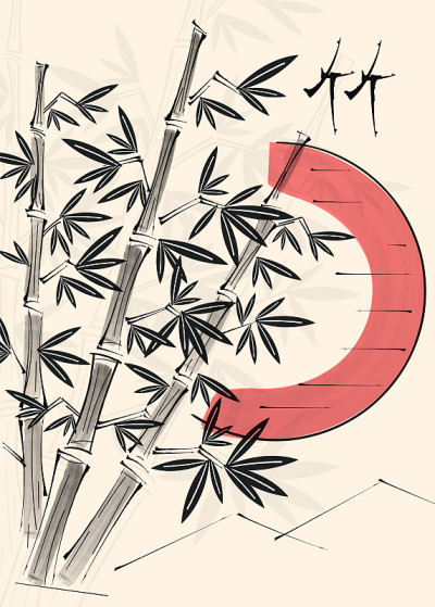 Bamboo trees and red sun.
