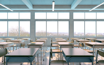 学校教室里没有椅子，没有课桌。三维渲染