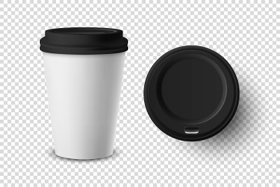 矢量3d现实一次性打开的纸，塑料咖啡杯的饮料图标设置特写孤立在透明的背景。设计模板模型。顶视图和前视