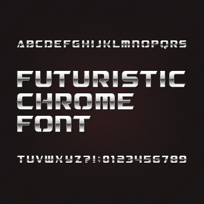 未来主义的chrome字母字体。金属效果字母和numbersю。
