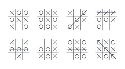 井字游戏。可编辑的中风。获胜和平局，不同的选择为游戏的过程。向量组逻辑游戏的例子