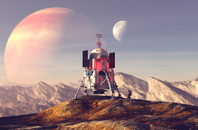 模块在其他星球着陆的场景，3d插图