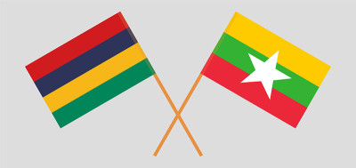 Crossed flags of Mauritius and Myanmar