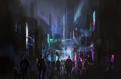 赛博朋克风格的未来主义城市街道，3d插图。