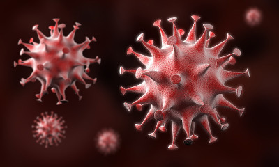 在3d渲染中接近冠状病毒细胞的流行。