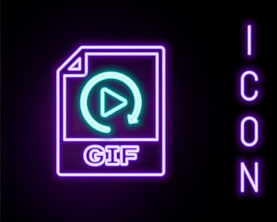 发光的霓虹灯线GIF文件文件。下载gif按钮图标隔离在黑色背景。GIF文件的象征。色彩斑斓的轮廓的概