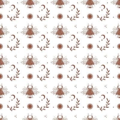 神奇神秘的波西米亚无缝模式与太阳，星星，月亮，树叶，甲虫孤立在白色背景。