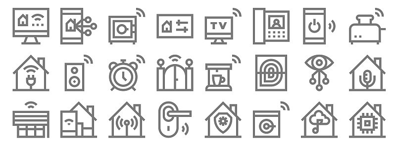 smarthome行图标。线性集。cpu、洗衣机、门锁、智能窗帘、视觉、报警器、烤面包机、电视、控制