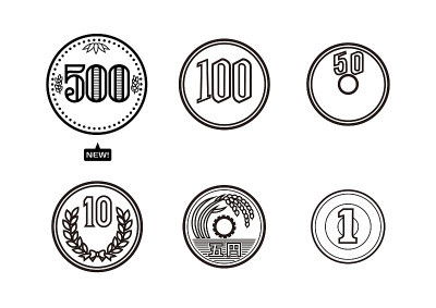 一套日本货币。新的500日元硬币100日元。50日元。10日圆。5日元。1日元。插图。向量。日本的钱