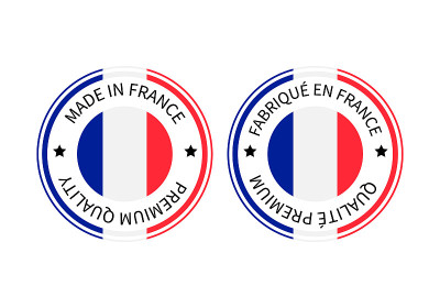 法国制造和法国Fabrique en France圆标签英语和法语。质量标记矢量图标。适用于商标设计