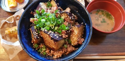 米饭和茄子放在碗里