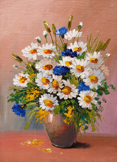 油画-静物，一束鲜花，雏菊