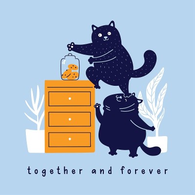 向量有趣的猫从桌子上偷饼干。可爱的手绘插图。用“永远在一起“的卡通人物