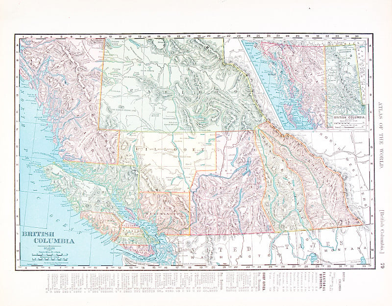 加拿大西部不列颠哥伦比亚省的古董古董彩色地图