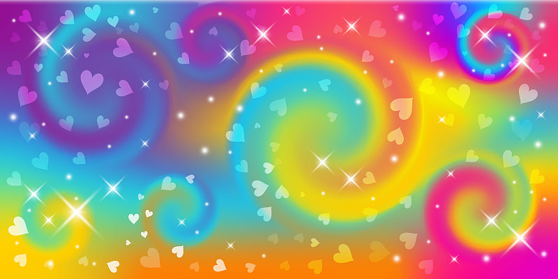幻想的背景。彩色全息插图。可爱的卡通少女背景。明亮多彩的天空，星星和心。向量。