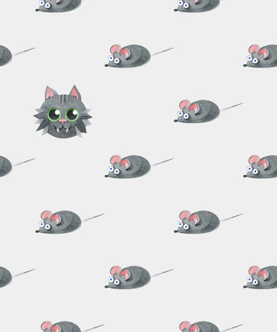 有趣的黑猫和老鼠无缝图案。创意的斯堪的纳维亚儿童纹理。在灰色背景上的水彩插图。适用于织物，纺织品，卷